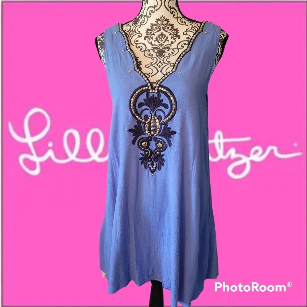 Lilly Pulitzer Blue and Gold Sleeveless V-Neck Sundress